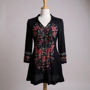 V. Cristina Mini Dress Sz Sm Black Floral Boho 3/4 Sleeve Whimsygoth Festival